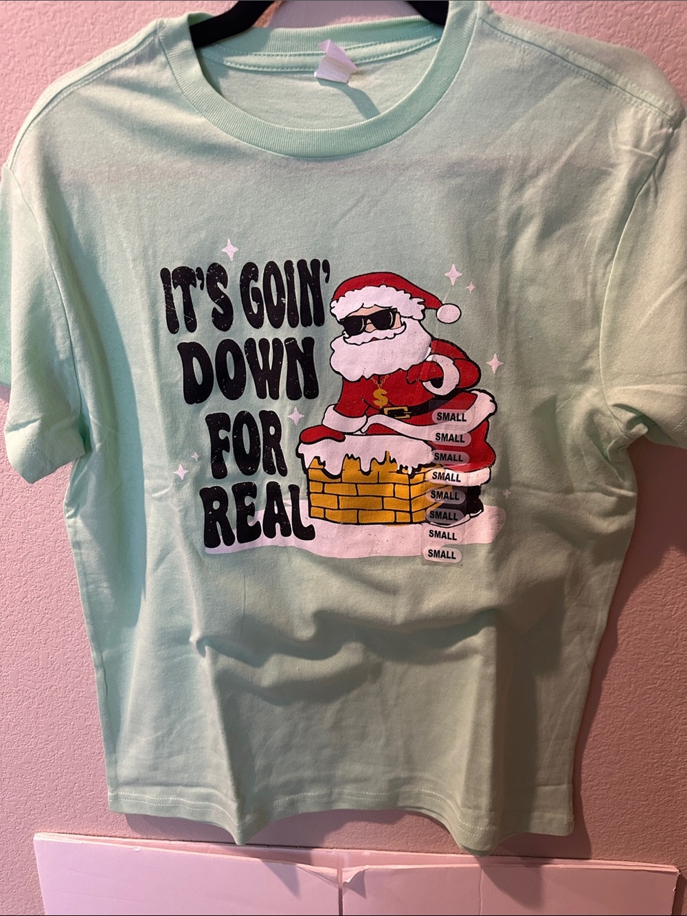 Mint Green Holiday Graphic Tee with Santa Slogan all 5 S,M,L Xl, 2x